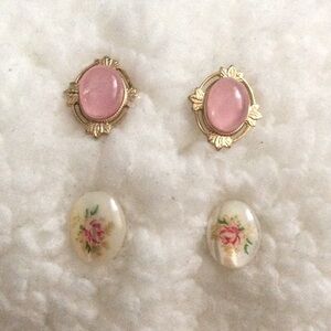 3/$10 | Elegant Pink Quartz & Gold Tone and Oval Floral Earring Set